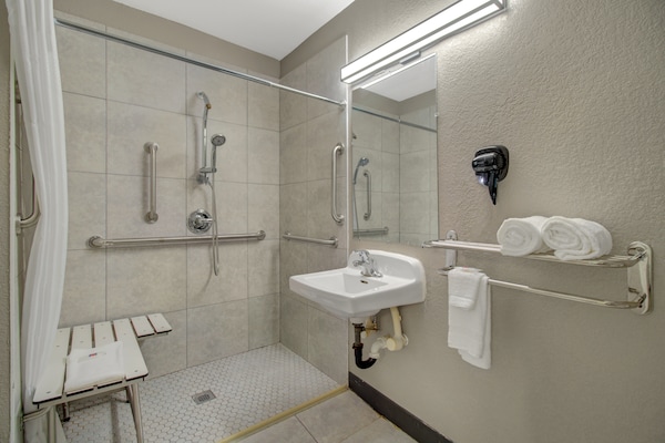 Foto van 1 tweepersoonsbed (Queensize) | Badkuip met mobiele toegang (Nsmk Micfridg) - BathRoom